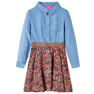 Vestido de manga comprida para criança azul-marinho e azul-ganga 128